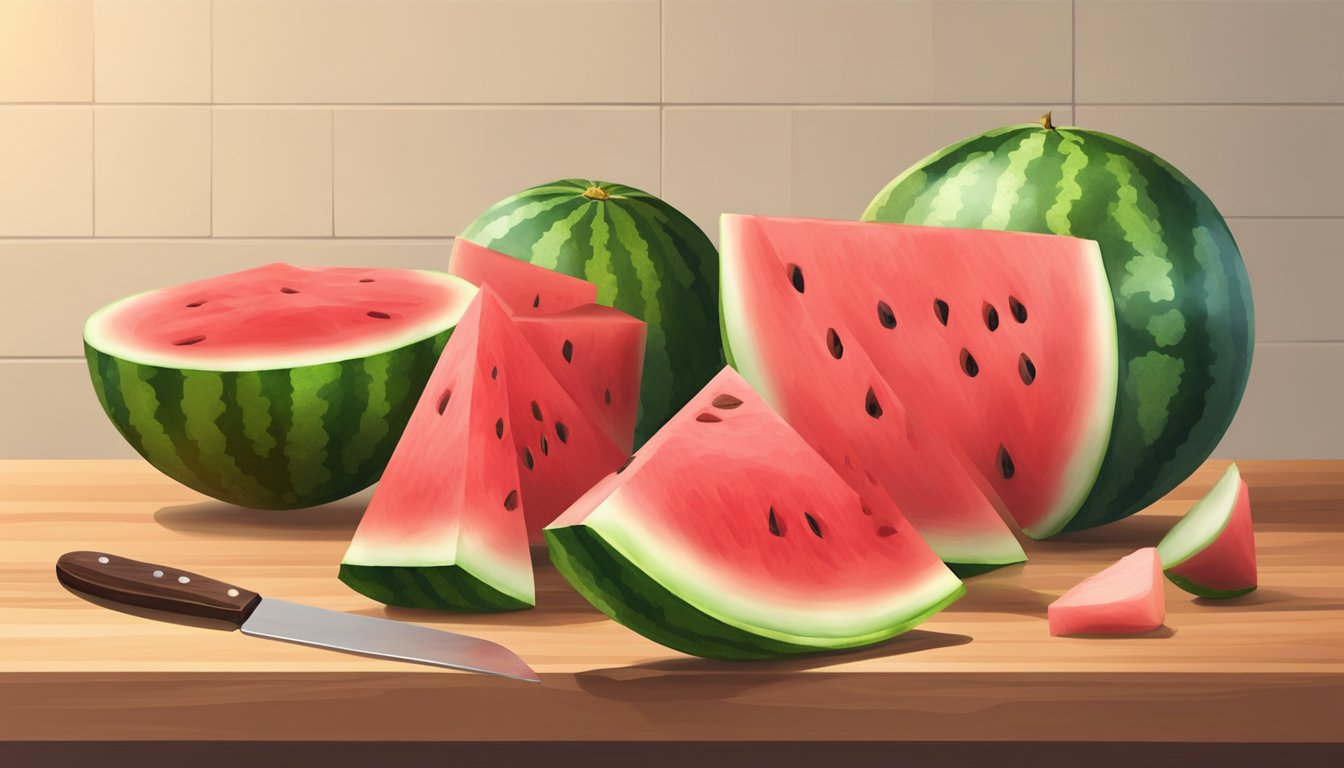 A watermelon sits on a wooden cutting board. A knife slices through the fruit, creating perfect triangle-shaped pieces. Juice glistens on the surface