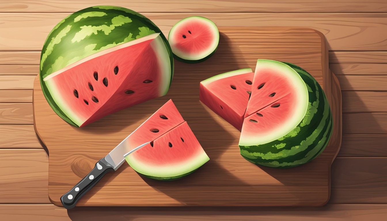 A whole watermelon on a wooden cutting board, with a sharp knife slicing through the middle, creating two equal halves