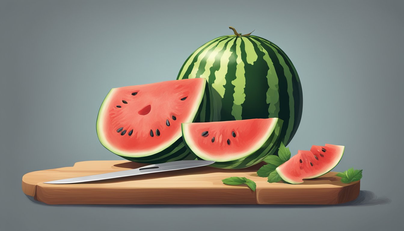 A watermelon sits on a cutting board, a large knife beside it. Juice drips from the red flesh as it is sliced in half