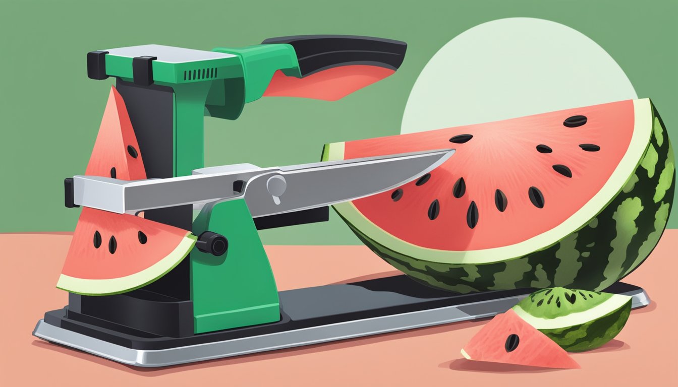 A watermelon slicer cutting through a ripe watermelon, creating even slices