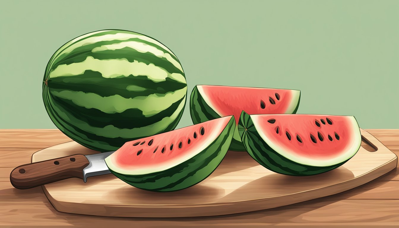 A whole watermelon being sliced into wedges on a wooden cutting board