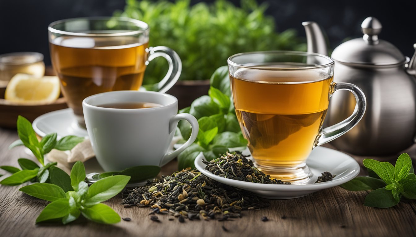 Two cups of tea, one green and one herbal, surrounded by fresh tea leaves and herbs, highlighting their differences