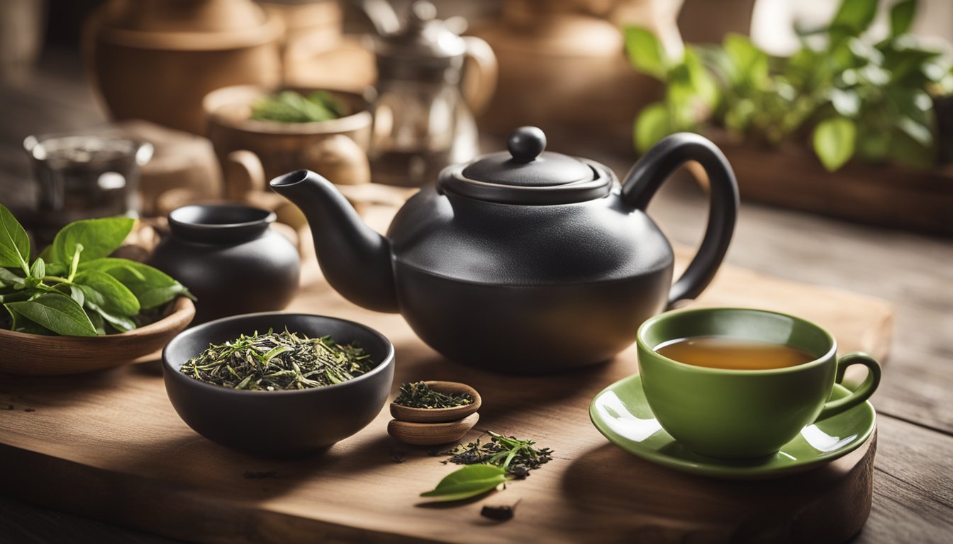 A rustic kitchen scene with a teapot and two cups, one with green tea leaves and the other with herbal tea ingredients, showcasing the preparation process for each type of tea