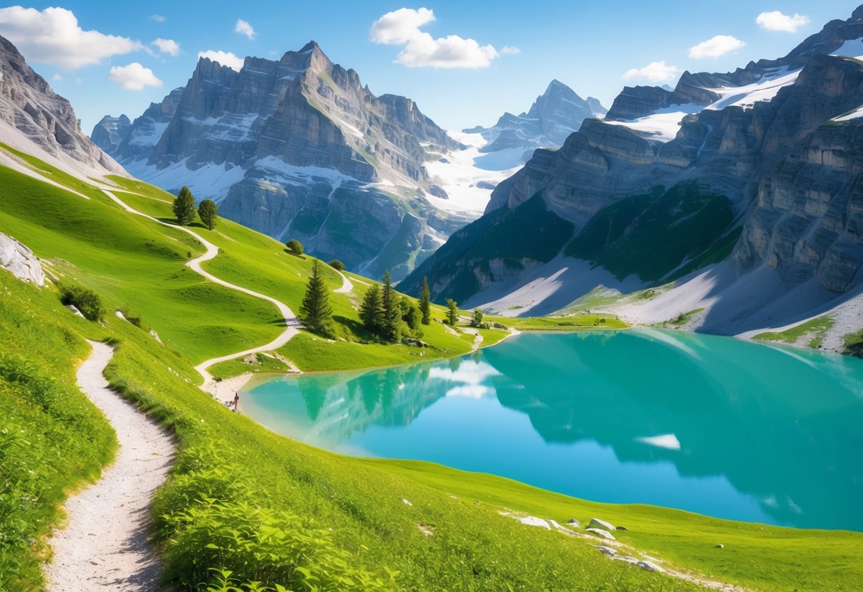 Eine ruhige Berglandschaft in Liechtenstein, mit einem gewundenen Wanderweg, üppigem Grün und einem kristallklaren Alpensee, der die umliegenden Gipfel widerspiegelt.