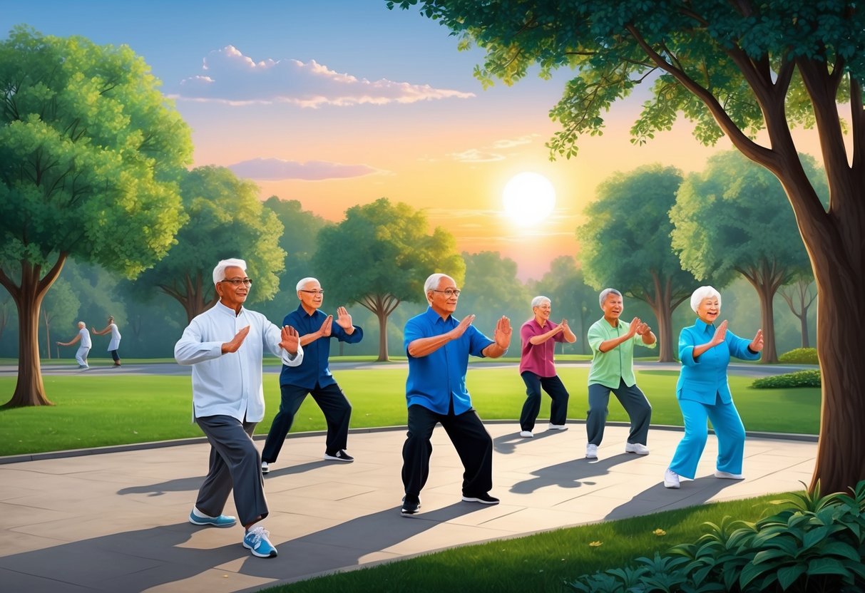 A serene park with a group of seniors practicing Tai Chi at sunrise, surrounded by lush trees and tranquil surroundings