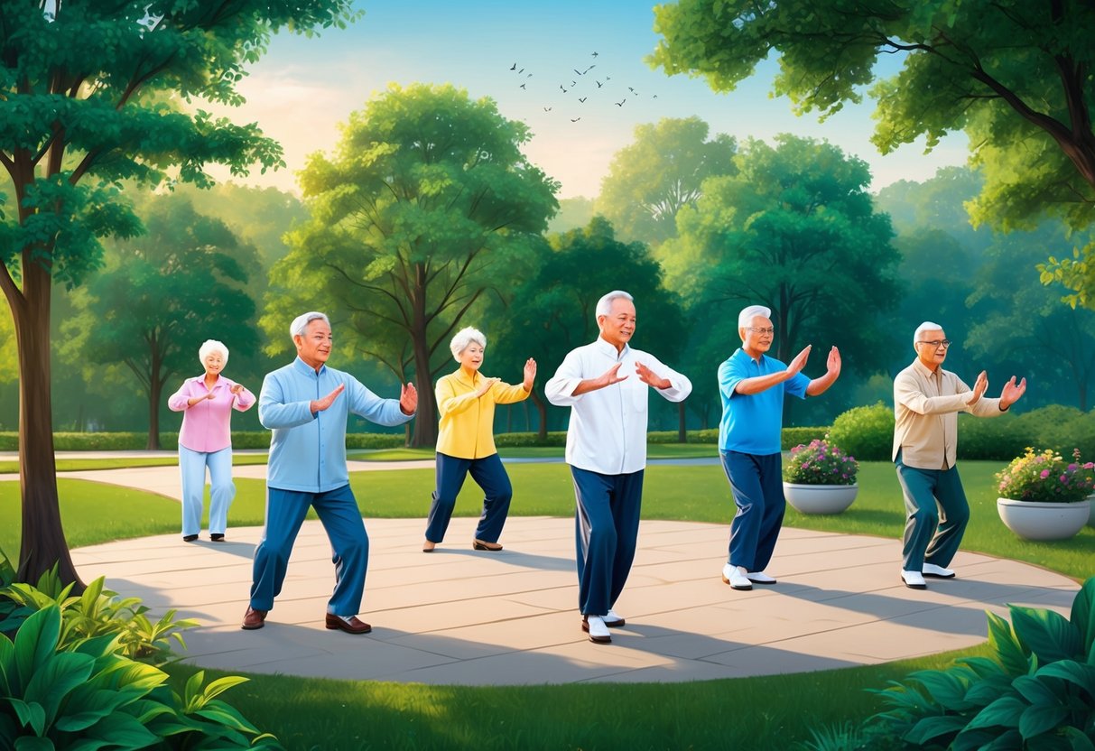 A serene park with a group of seniors gracefully practicing Tai Chi, surrounded by lush greenery and the gentle sounds of nature