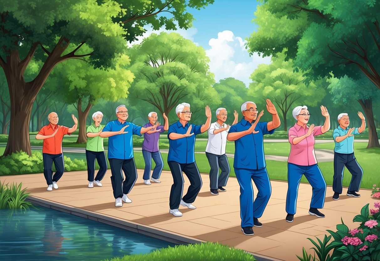 A group of seniors practicing Tai Chi in a serene park setting, surrounded by lush greenery and calm, flowing water