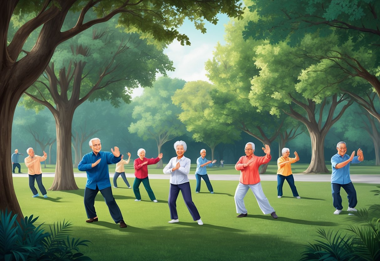 A serene park with a group of seniors practicing Tai Chi under the shade of tall trees, surrounded by a peaceful atmosphere
