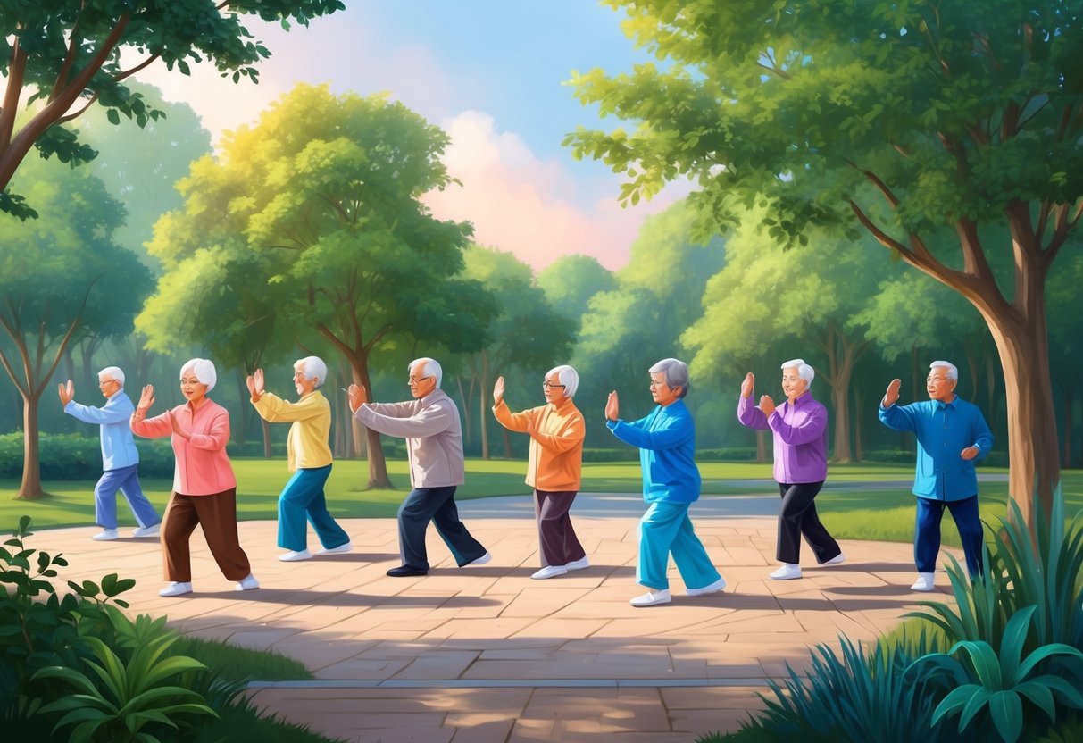 A serene park setting with a group of seniors practicing Tai Chi together, surrounded by nature and a sense of tranquility