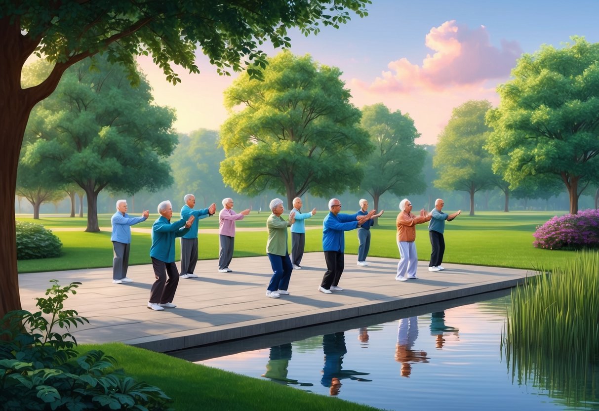 A serene park with a group of seniors practicing Tai Chi in the soft morning light, surrounded by lush greenery and a calm, reflective pond