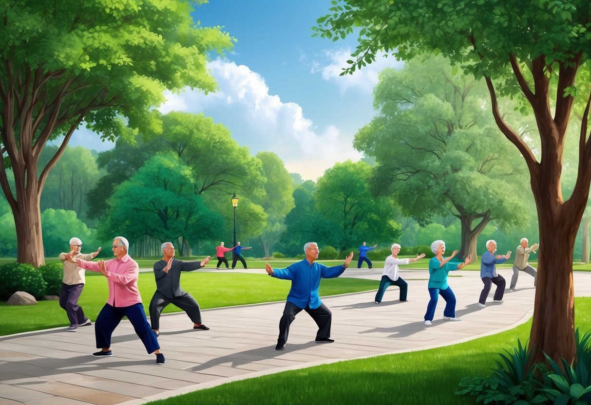 A serene park with a group of seniors practicing Tai Chi, surrounded by lush greenery and a peaceful atmosphere