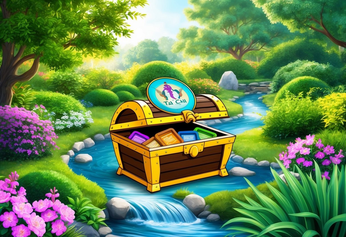 A serene garden with a flowing stream, surrounded by lush greenery and blooming flowers, with a treasure chest filled with Tai Chi resources at the center