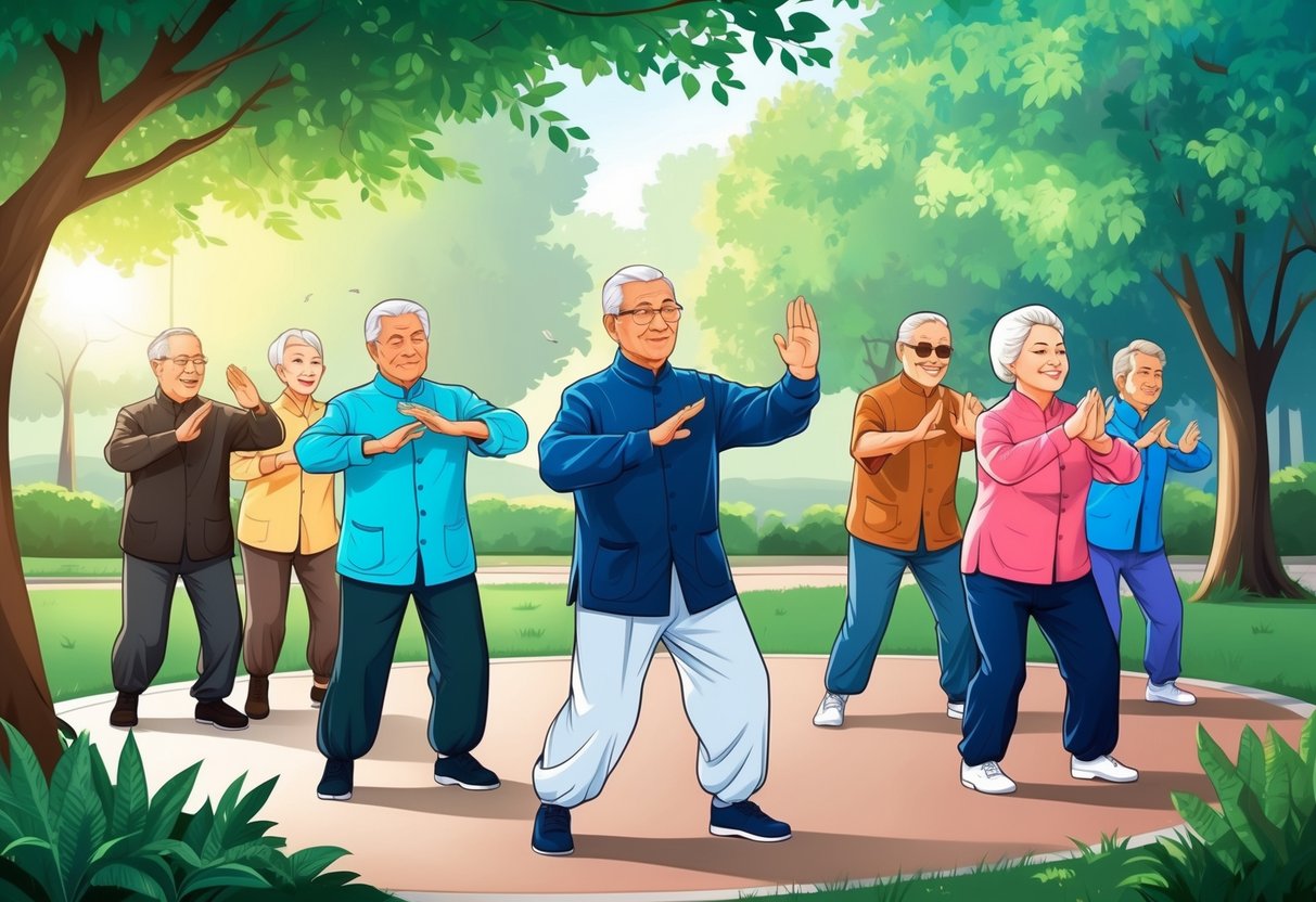 A group of seniors practicing Tai Chi in a peaceful park setting, surrounded by lush greenery and gentle sunlight