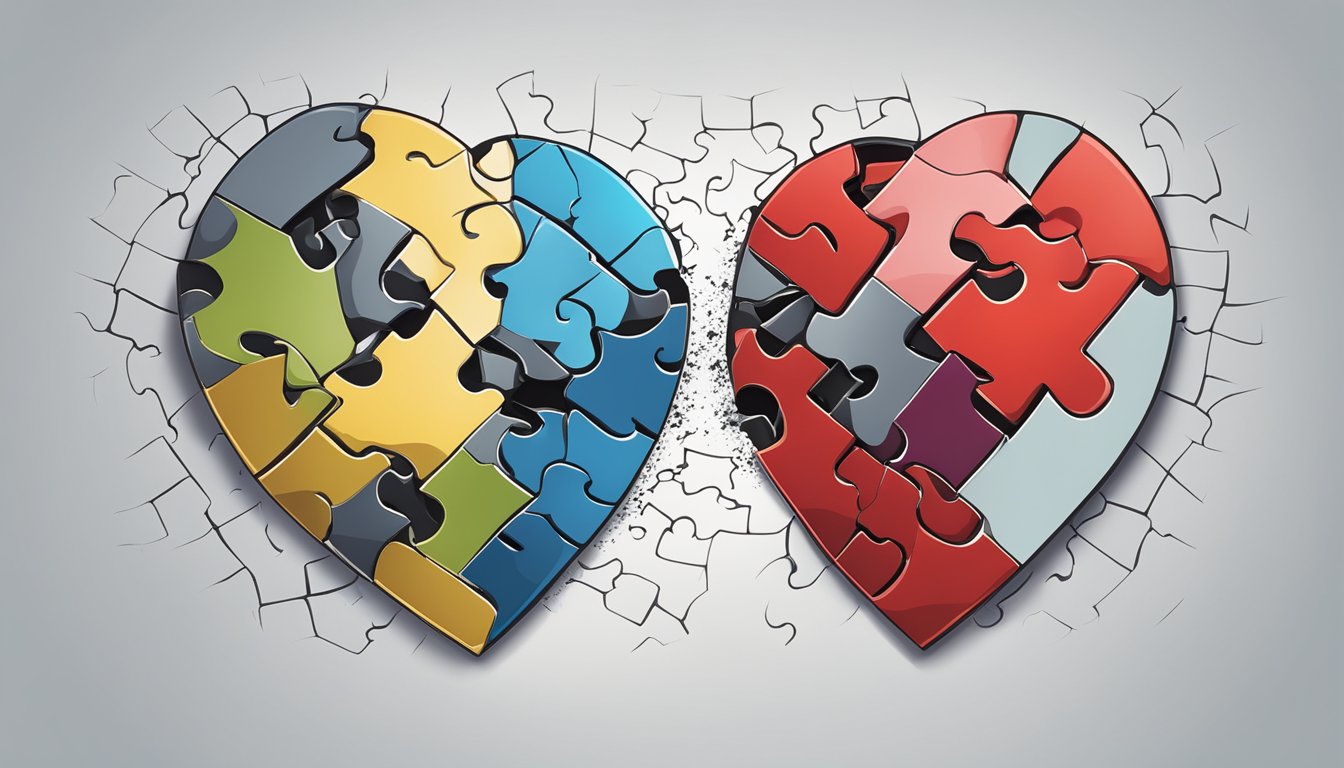 A broken heart mended by two halves of a broken heart fitting together like puzzle pieces, forming a solid foundation