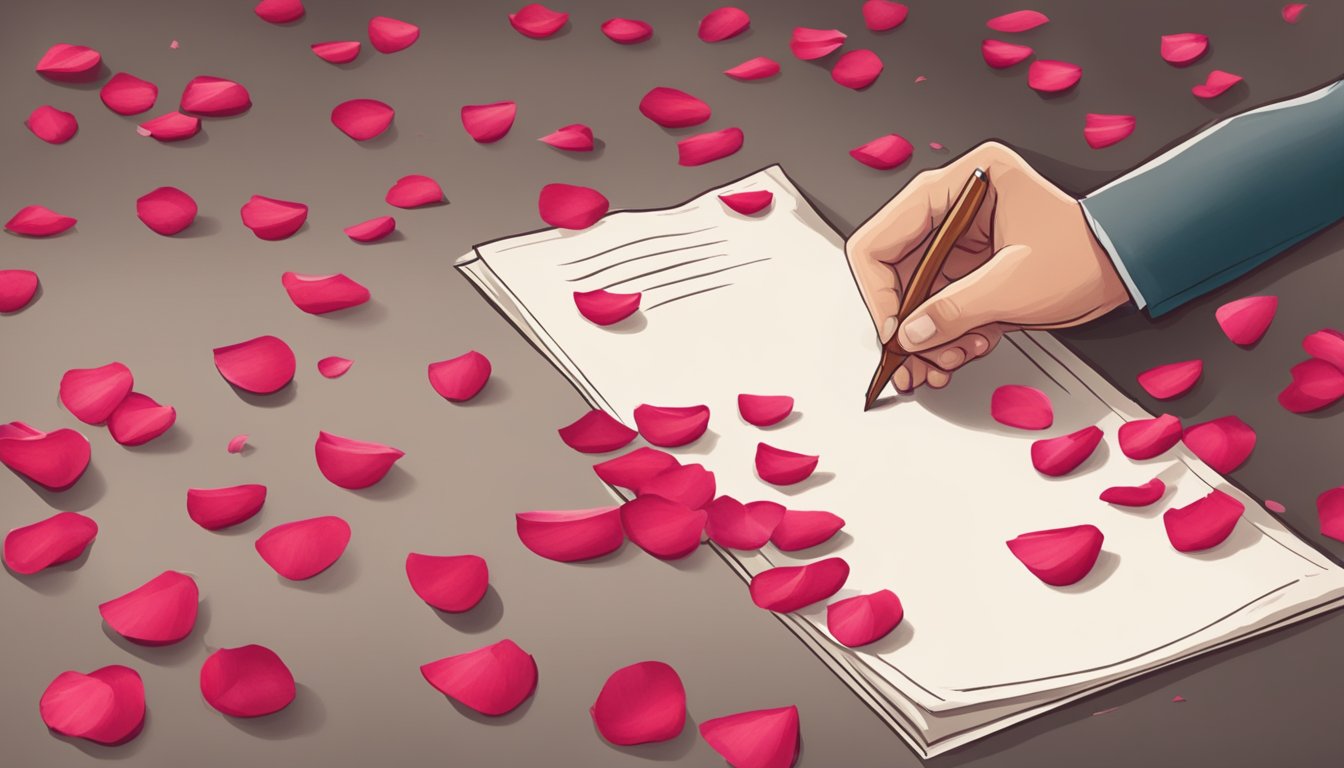 A person leaving a trail of rose petals leading to a handwritten letter on a table with a single red rose