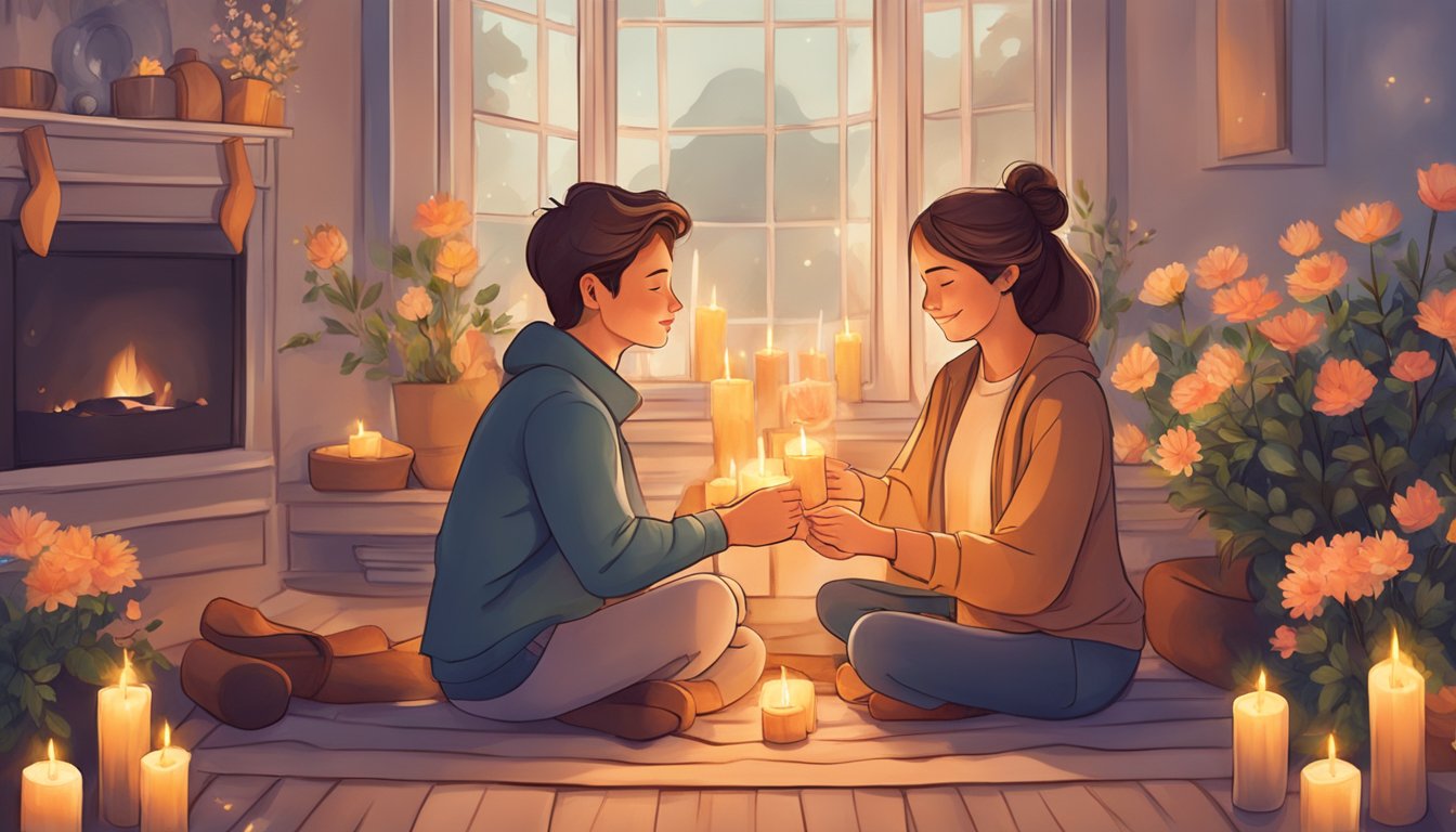 A couple sitting by a cozy fire, holding hands, surrounded by candles and flowers