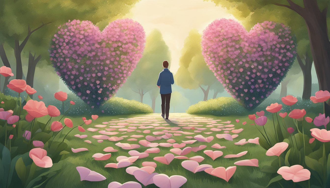 A person leaving a trail of flower petals leading to a heart-shaped arrangement in a peaceful garden setting