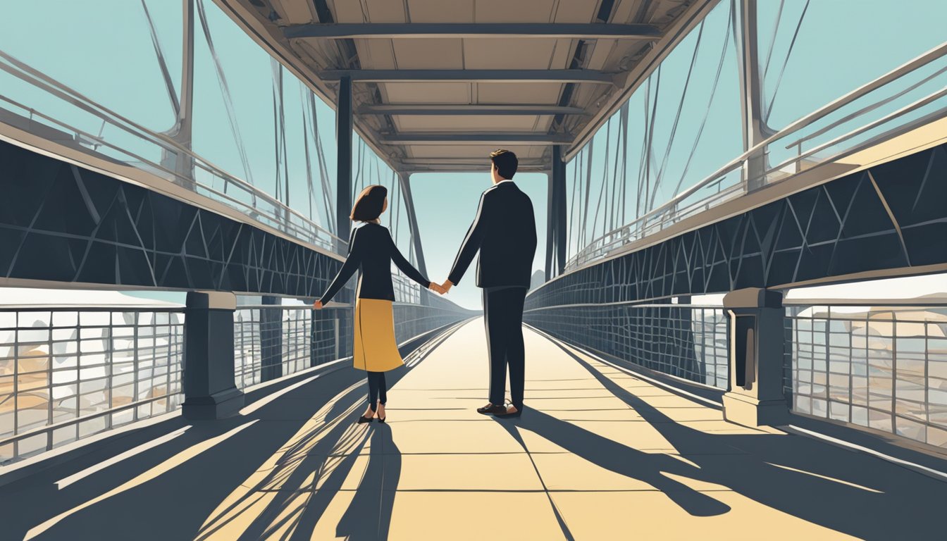 A couple standing on opposite sides of a bridge, reaching out towards each other with longing expressions