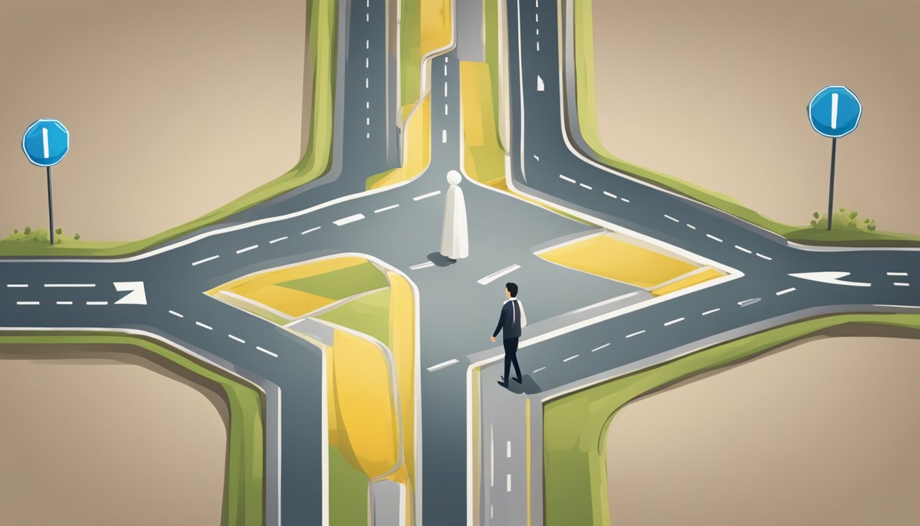 A person standing at a crossroads, one path leading forward and the other leading back. The figure hesitates before choosing the forward path