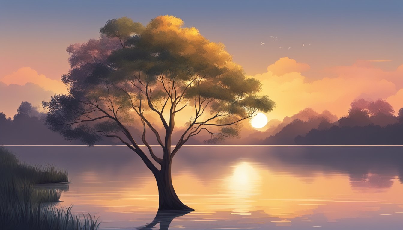 A tree with branches reaching towards the sky, casting a shadow over a calm lake, reflecting the changing colors of the sunset