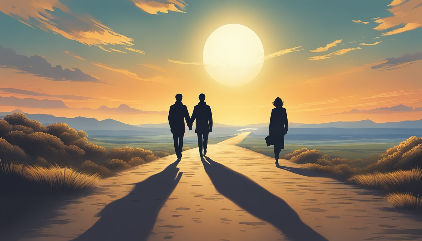 Two figures walking hand in hand towards a bright horizon, leaving behind a shadowy past