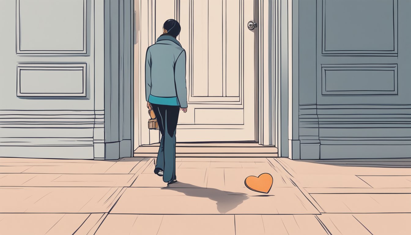 A person walking away from a closed door, leaving behind a heart-shaped locket on the ground