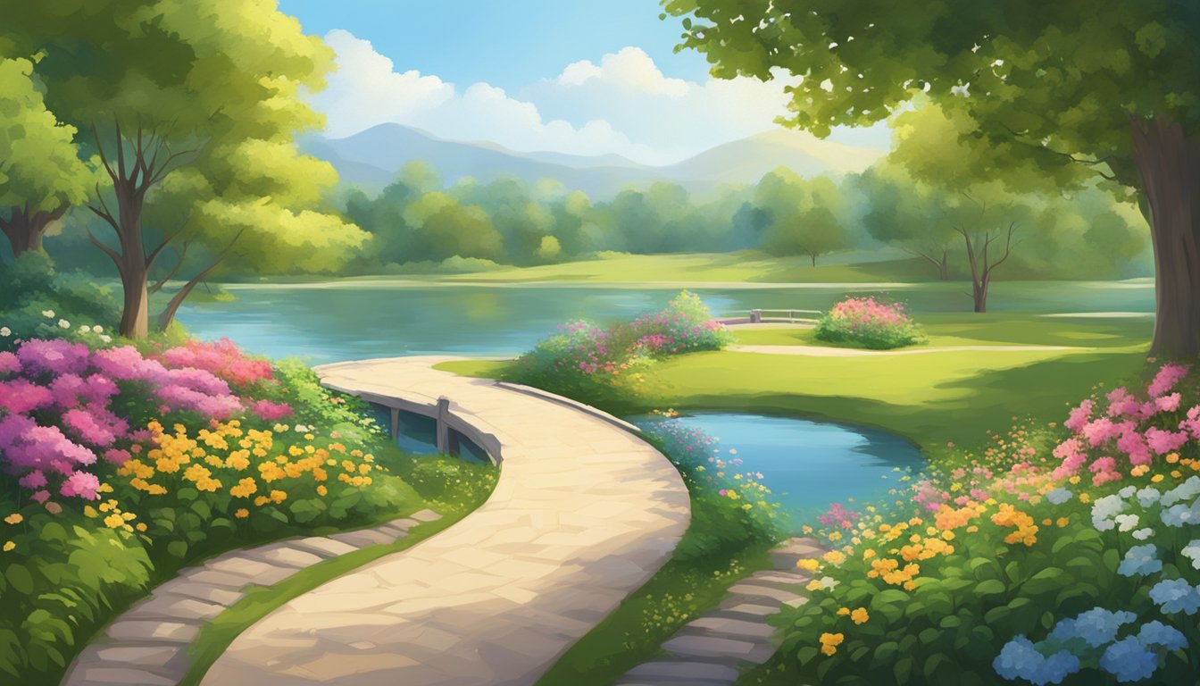 A serene, sunlit park with a winding path leading to a tranquil lake, surrounded by vibrant flowers and lush greenery