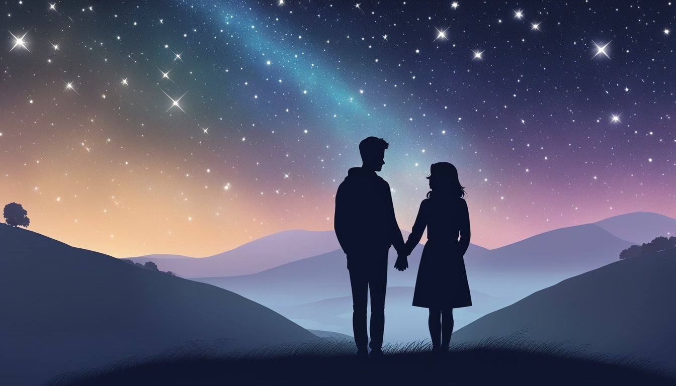 A couple's silhouette embracing under a starry sky