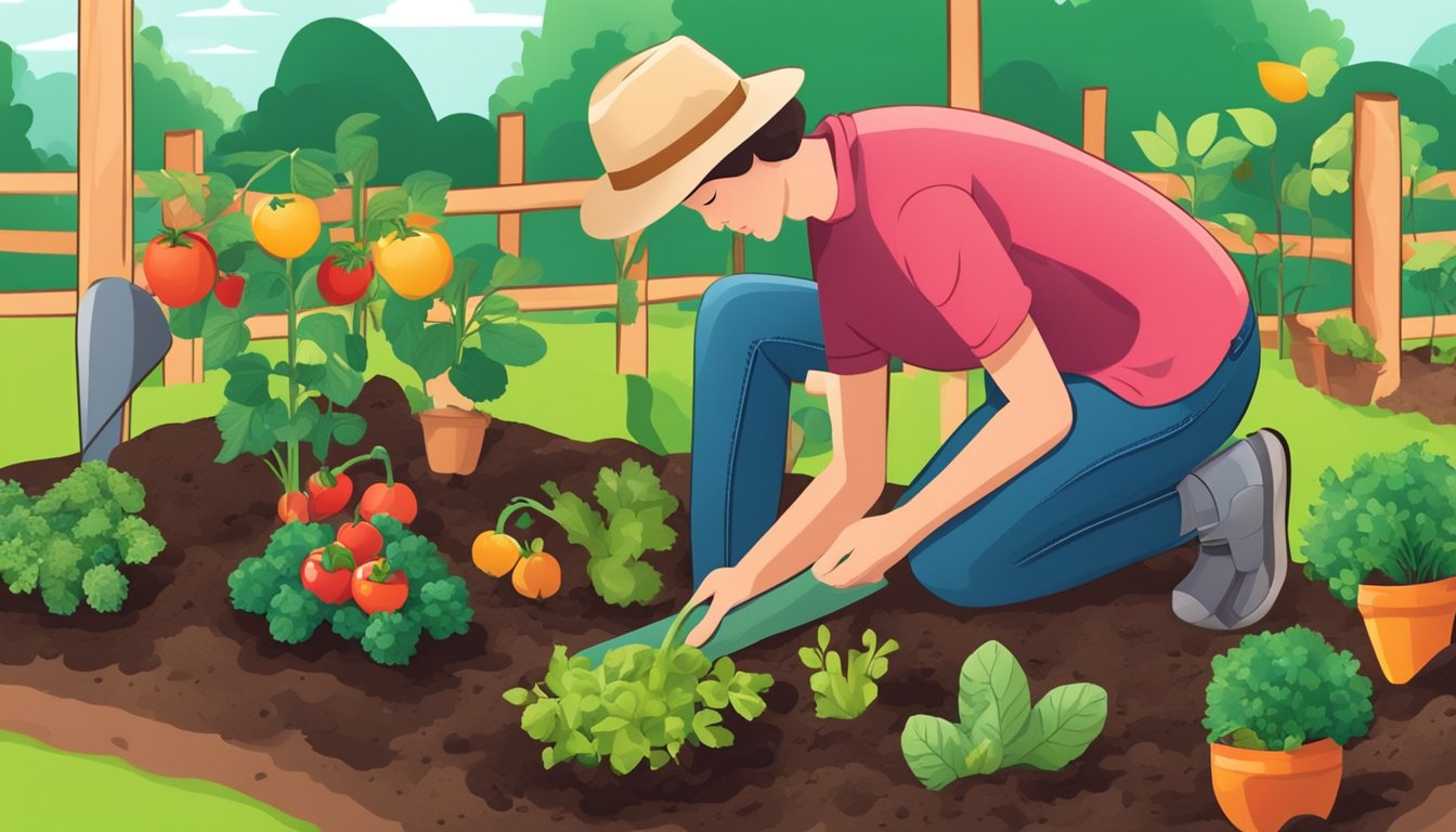 A person planting a garden with vibrant, fresh fruits and vegetables, surrounded by tools and healthy soil