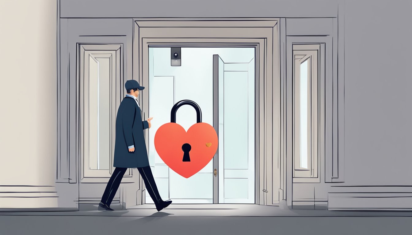 A person walking toward a door with a heart-shaped lock and key