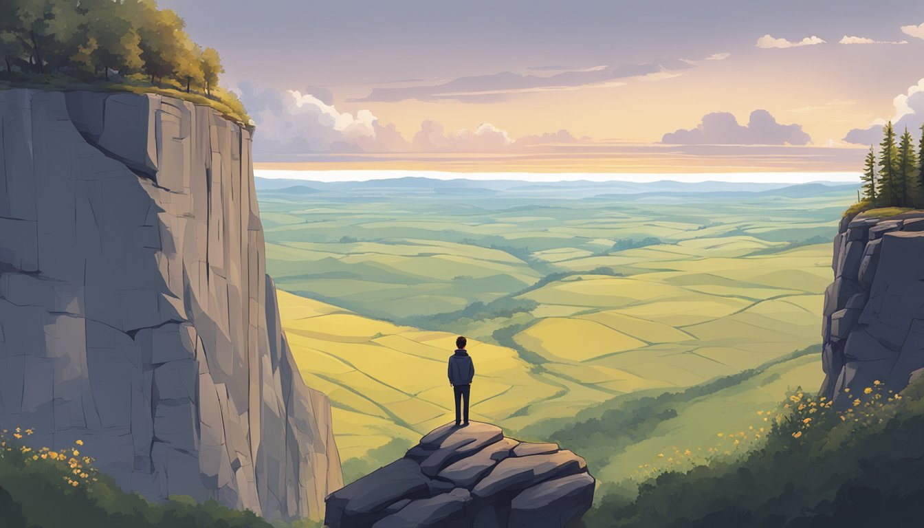 A person standing alone on a cliff, looking out at a vast, peaceful landscape