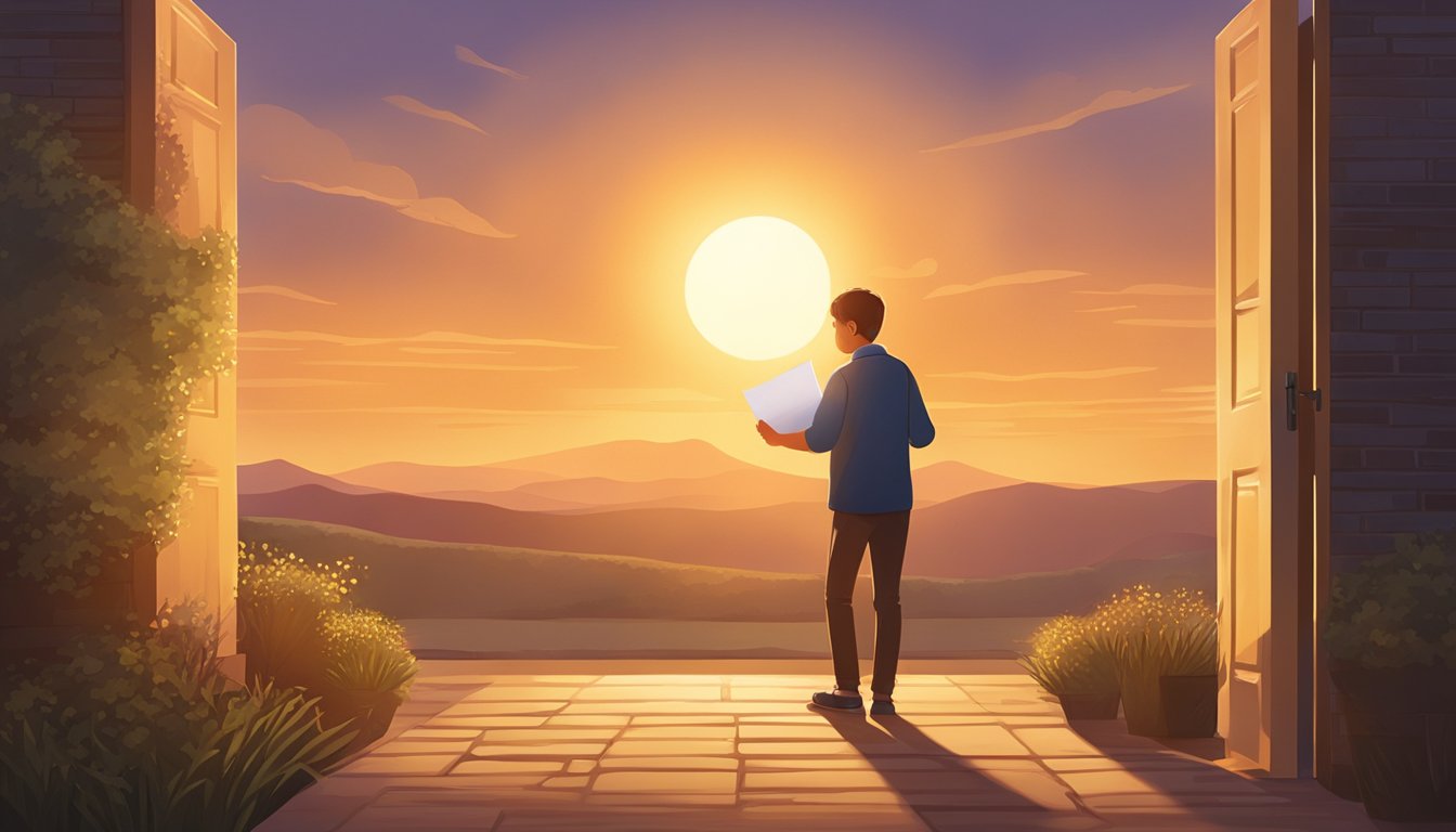 A person standing outside a closed door, holding a letter and looking hopeful. The sun is setting in the background, casting a warm glow over the scene