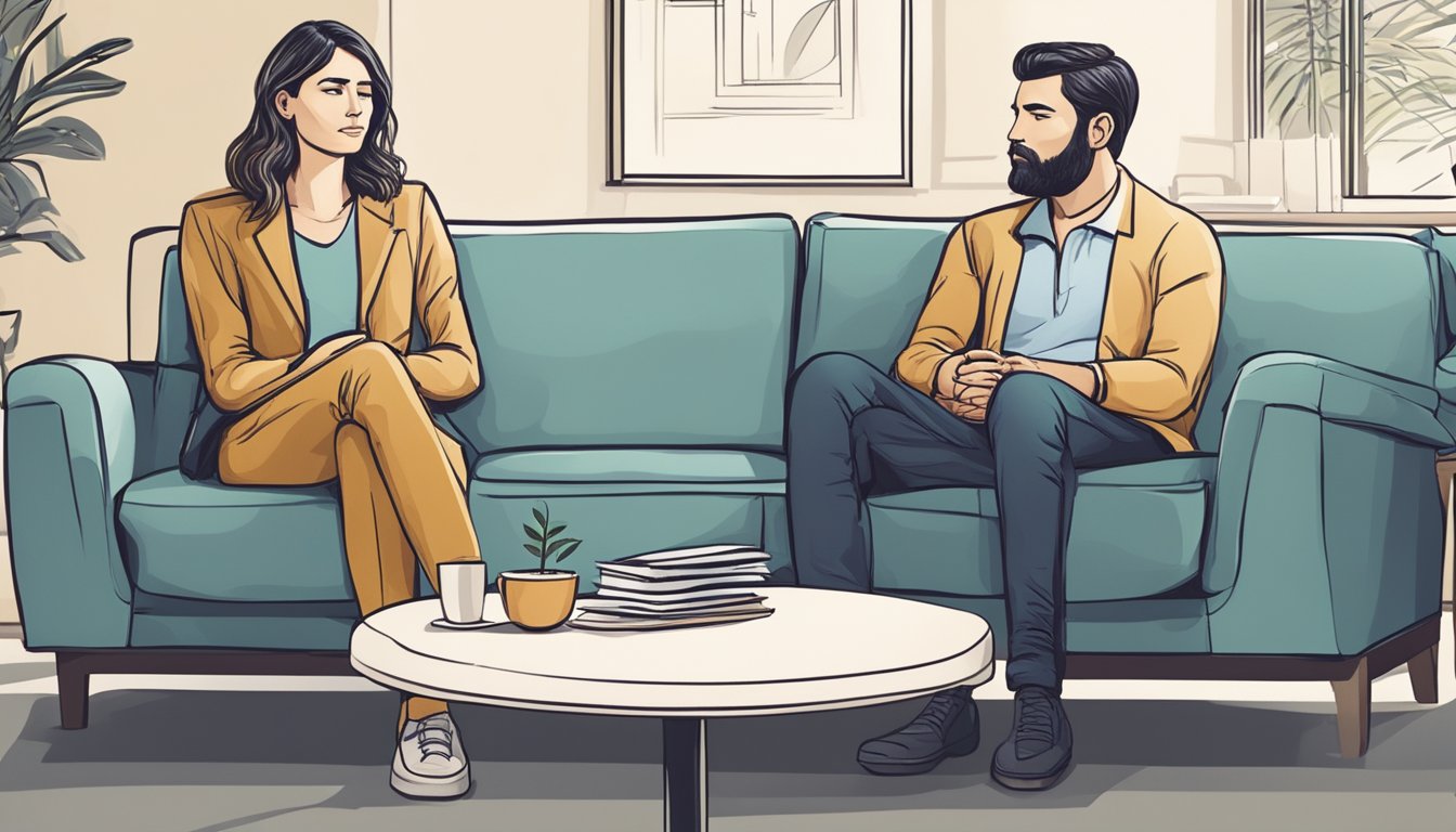 A couple sitting on a couch in a therapist's office, facing each other with tense expressions. The therapist listens attentively, offering guidance