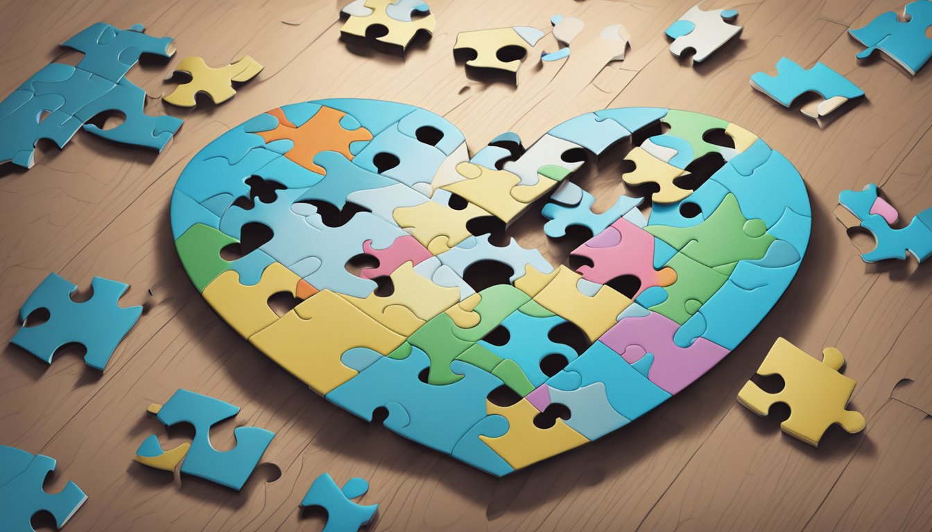 A broken heart-shaped puzzle being slowly pieced back together