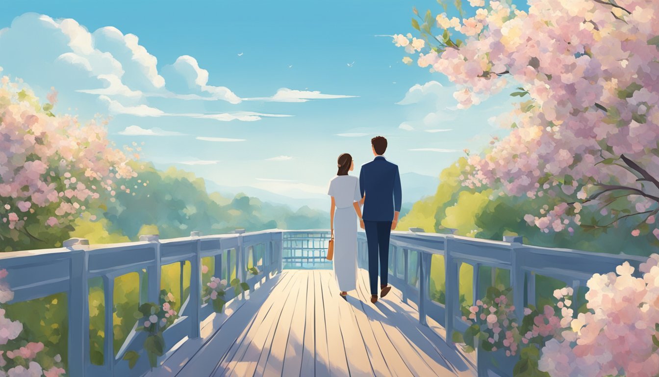 A couple standing on a bridge, facing each other with open body language, surrounded by blooming flowers and a clear blue sky