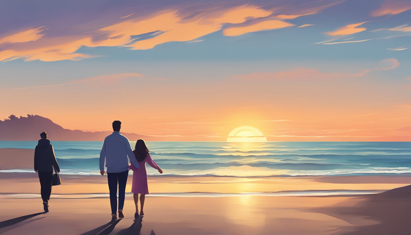 A couple holding hands while walking towards a sunset on a beach