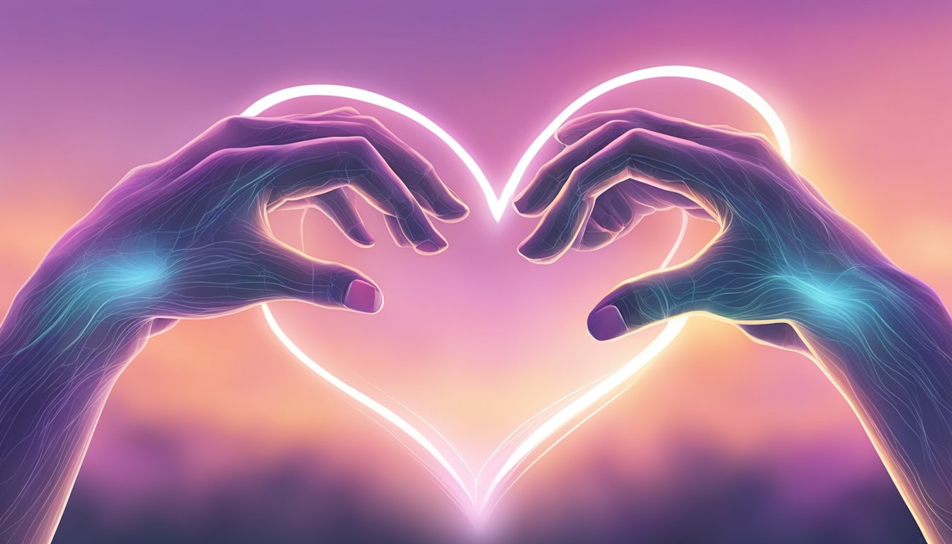 A couple's hands reaching towards each other, surrounded by a heart-shaped aura, symbolizing rekindled love and connection