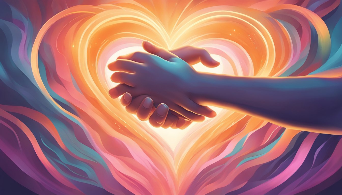 A couple's hands reaching out to each other, surrounded by a heart-shaped glow, symbolizing emotional reconnection