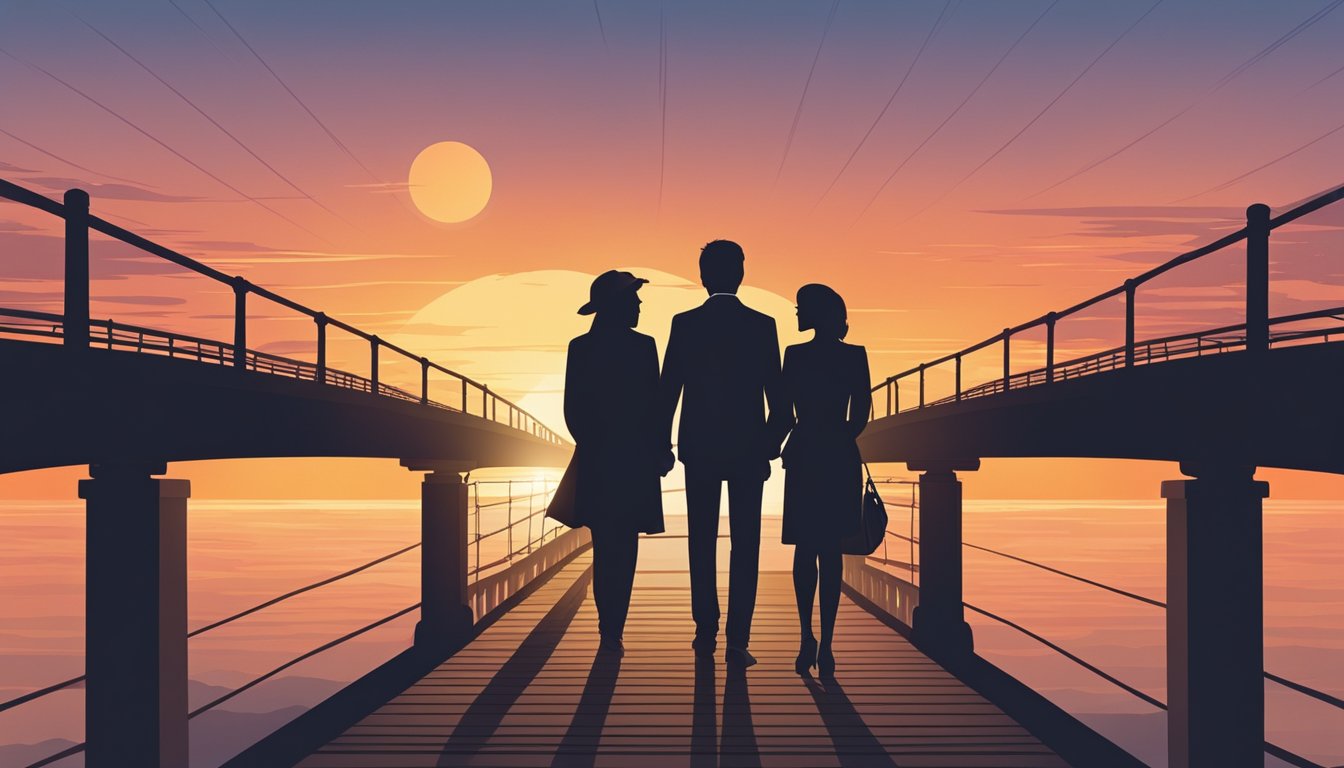 A couple's silhouette standing on opposite sides of a bridge, with a sunset in the background, symbolizing the journey of reconciliation