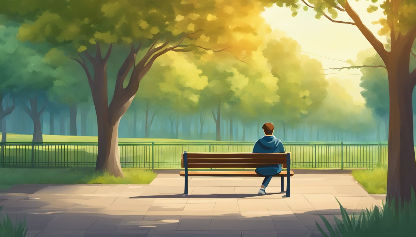 A person sitting alone on a park bench, surrounded by vibrant greenery and a calm atmosphere, looking contemplative and thoughtful