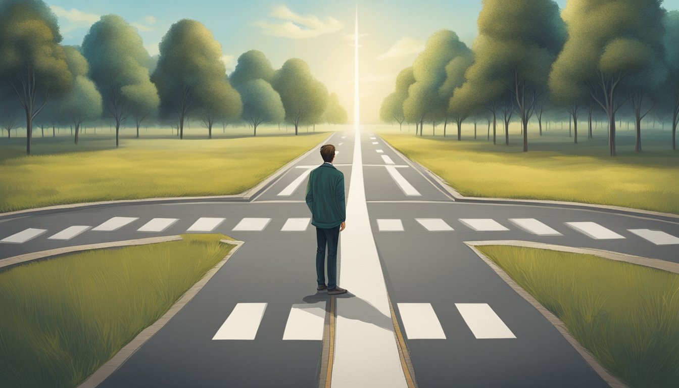 A person standing at a crossroads, one path leading towards the past and the other towards the future