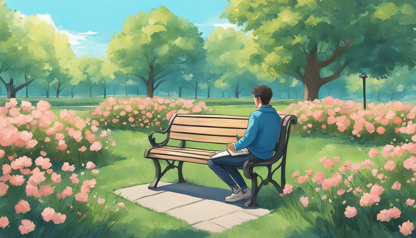 A person sitting alone on a park bench, surrounded by blooming flowers and a clear blue sky, with a notebook and pen in hand