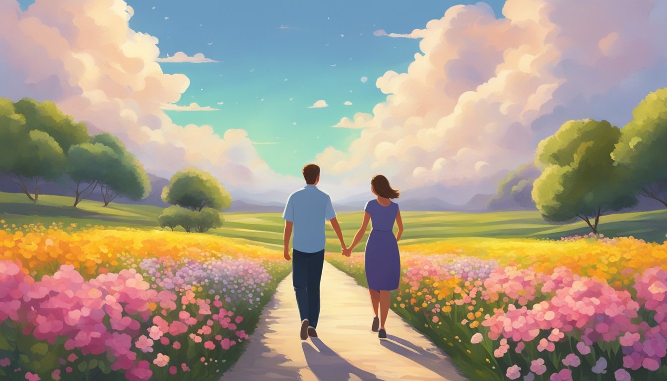 A couple walking side by side on a path, surrounded by blooming flowers and a bright, hopeful sky