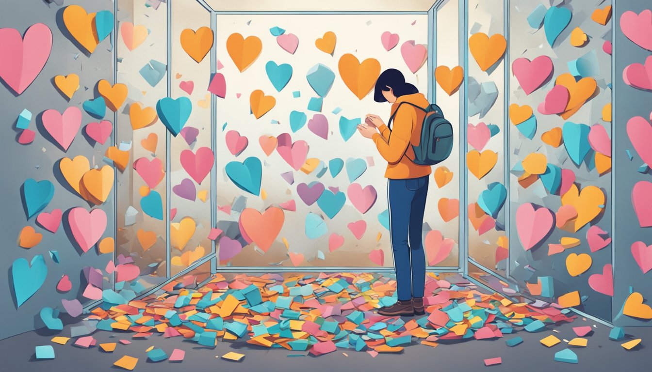 A person standing in front of a mirror, surrounded by shattered pieces of a heart, while trying to put them back together