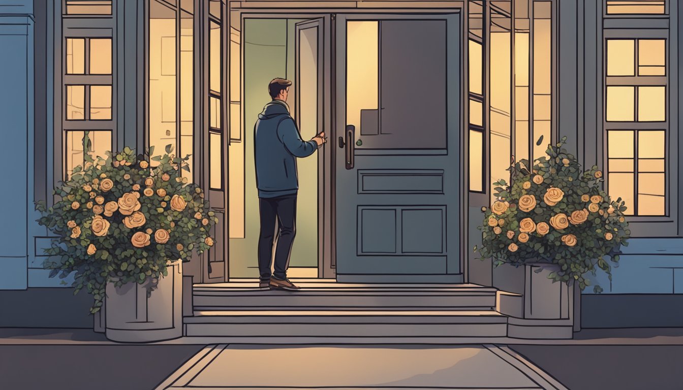 A man leaving a bouquet of flowers on a doorstep at dusk