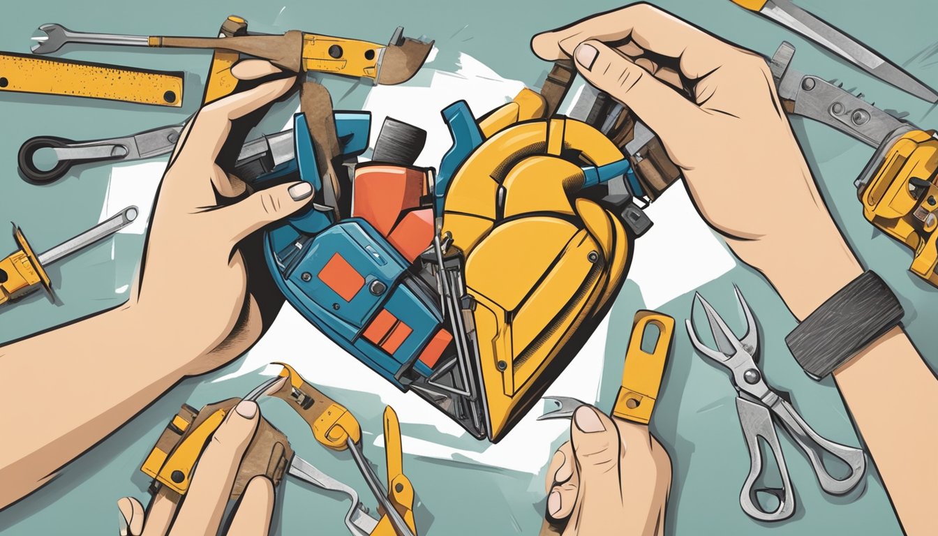 A couple's hands holding a broken heart, surrounded by construction tools and materials, symbolizing the effort to rebuild their relationship for the third time