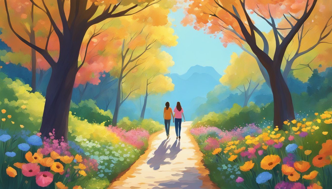 A couple walking hand in hand on a path through a vibrant forest, surrounded by colorful flowers and a clear blue sky