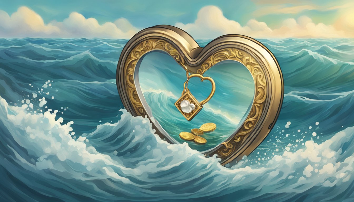 A broken heart-shaped locket being tossed into a swirling, turbulent sea