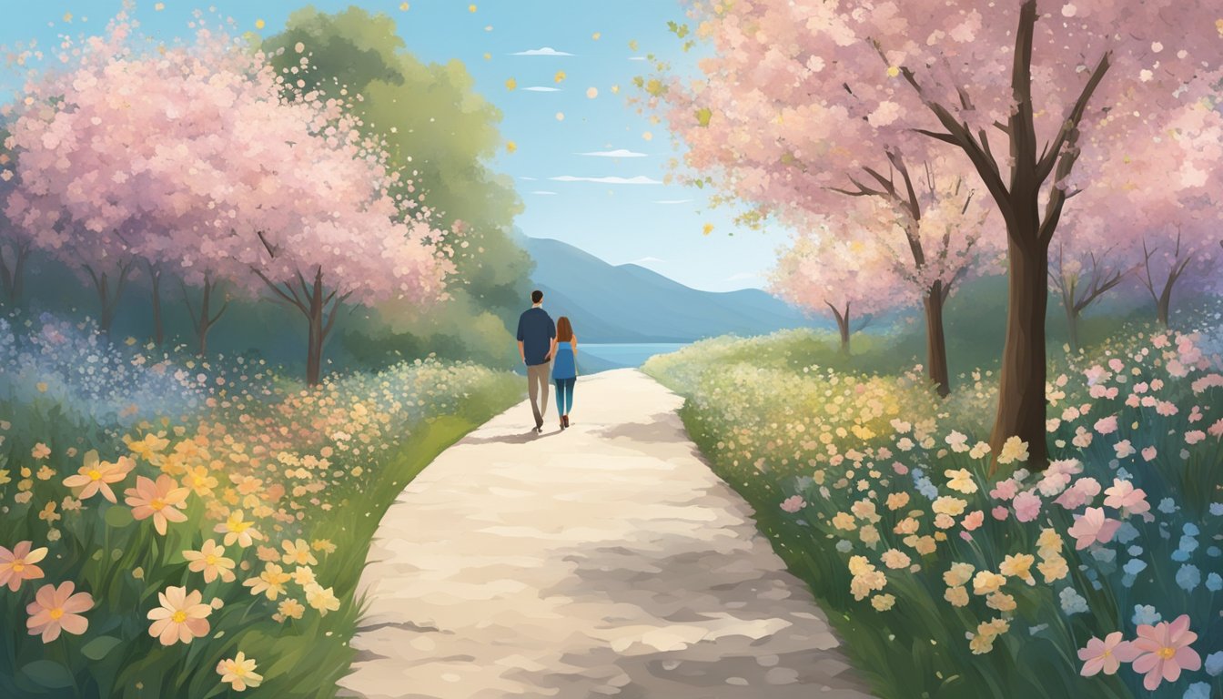 A couple's footsteps moving forward together on a path, surrounded by blooming flowers and a clear blue sky