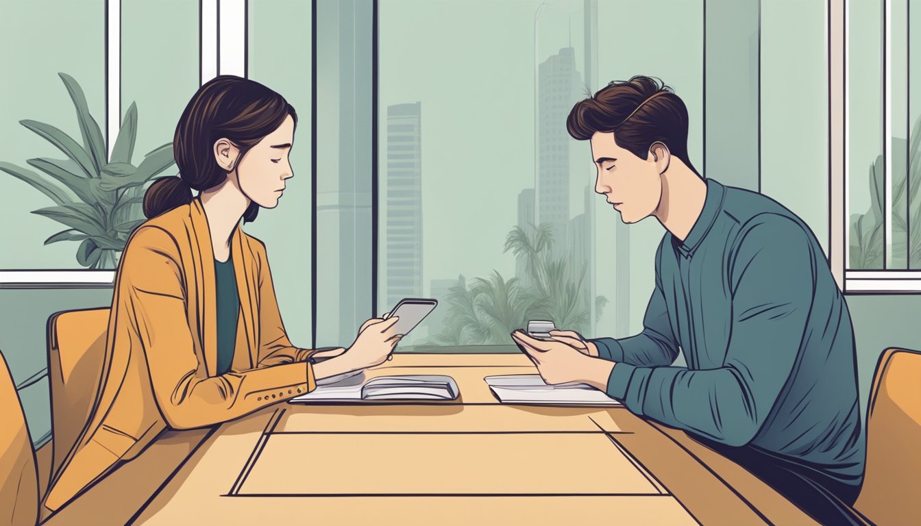 Two people sitting on opposite sides of a table, engaged in a calm and respectful conversation. A phone sits on the table, facing downwards